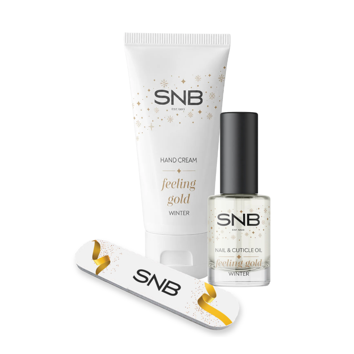 Комплект SNB FEELING GOLD - крем за ръце 30 мл, масло за нокти 6 мл, мини пиличка